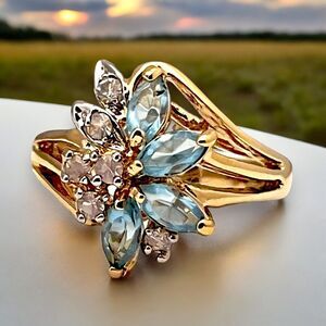 Vintage Uncas Ring Size 9 Blue Crystal 14K Gold Plate Mid-Century 14E